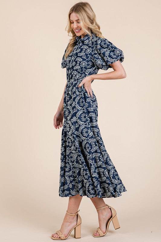 GeeGee Natural Leaf Pattern Eyelet Lace Puff Sleeve Dress
