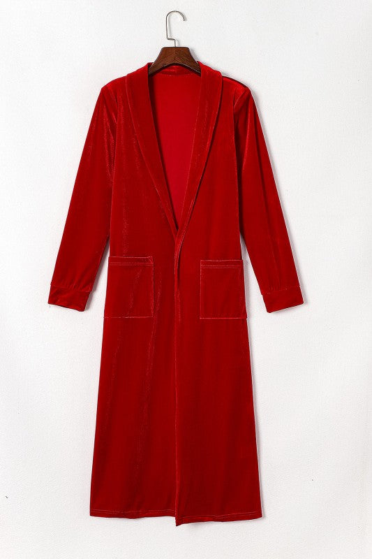 Velvet Open-Front Pocketed Cardigan