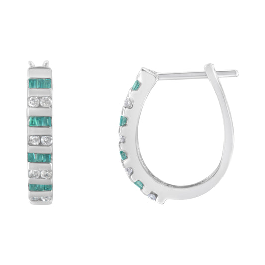 10k White Gold Round and Blue Baguette 1/2 cttw Diamond Hoop Earrings (I-J Color, I2-I3 Clarity)