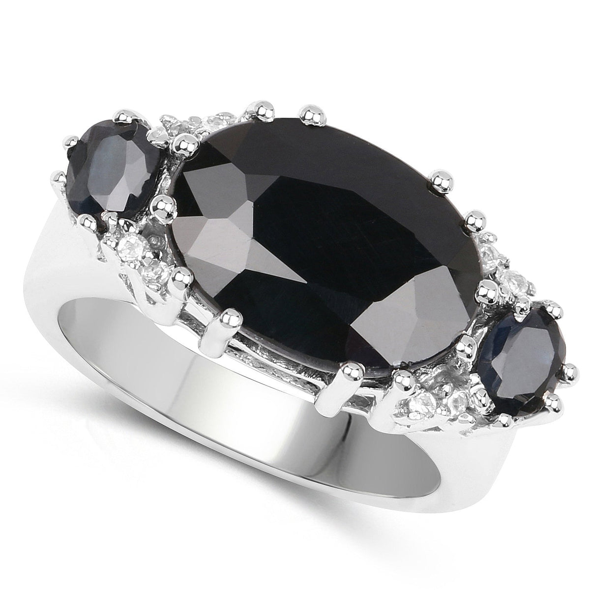 8.62 Carat Genuine Black Sapphire & White Topaz .925 Sterling Silver Ring