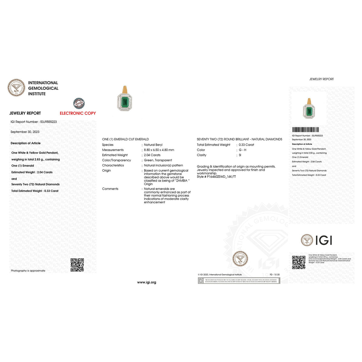 IGI Certified 2.37 Carat Genuine Zambian Emerald and White Diamond 14K Yellow & White Gold Pendant