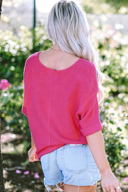 Delilah Textured Knit Split Neck Cuffed Short Slee