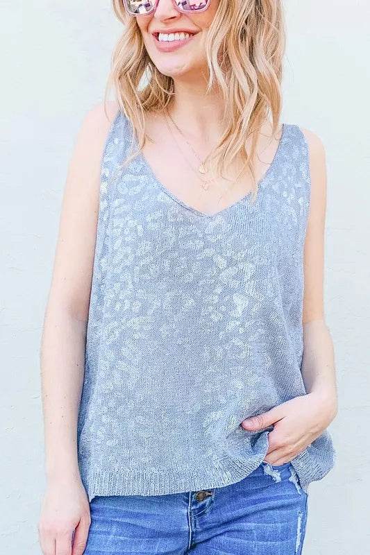 And The Why Leopard Foil Print Sleeveless Sweater Top