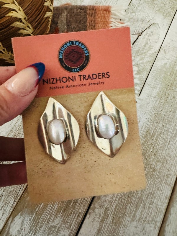 Navajo Freshwater Pearl & Sterling Silver Post Ear