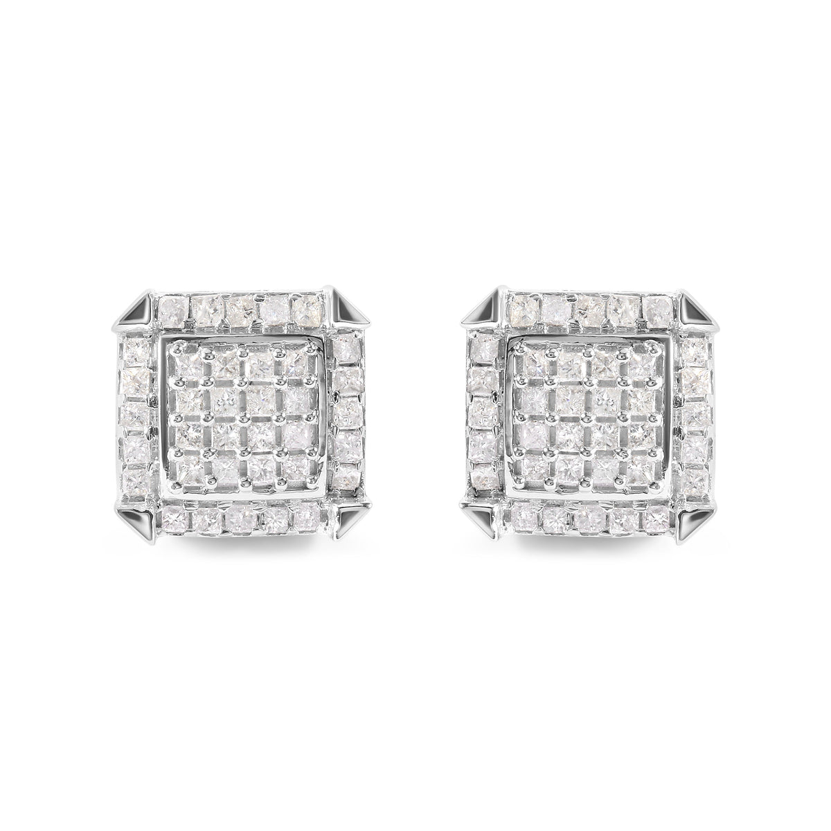 10K White Gold 1 1/10 Cttw Princess Diamond Composite and Halo Stud Earrings (I-J Color, I1-I2 Clarity)