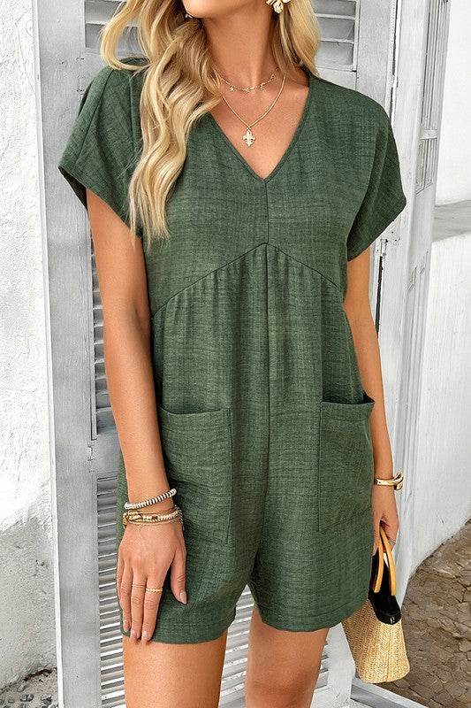 Solid Deep V Neck Drop Shoulder Loose Pockets Romp