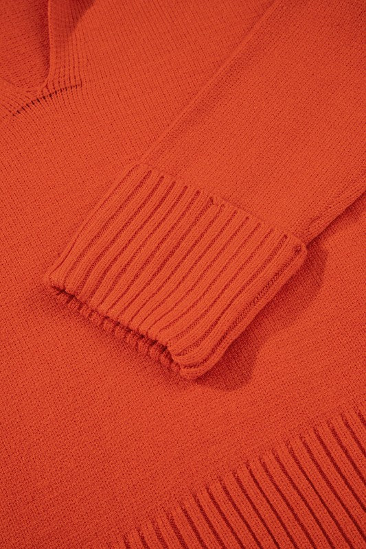 Solid Collared V-Neck Ribbed Edge Sweater