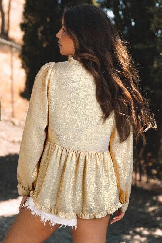 Metallic Frilled V Neck Puff Sleeve Babydoll Blous