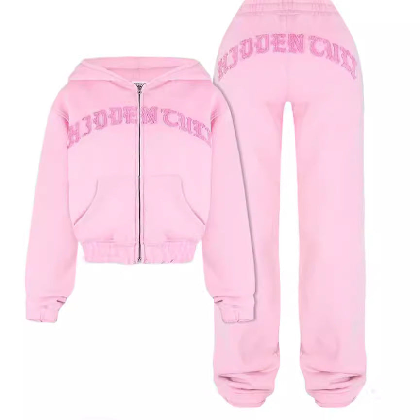 Ins Letter Sports Suit Zip-up Hooded Cropped Sweatshirt Top And Loose Drawstring Trousers