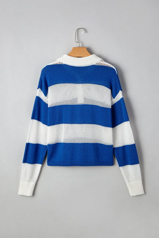 Genevieve Stripe Collar Eyelet Crochet Knitted Swe