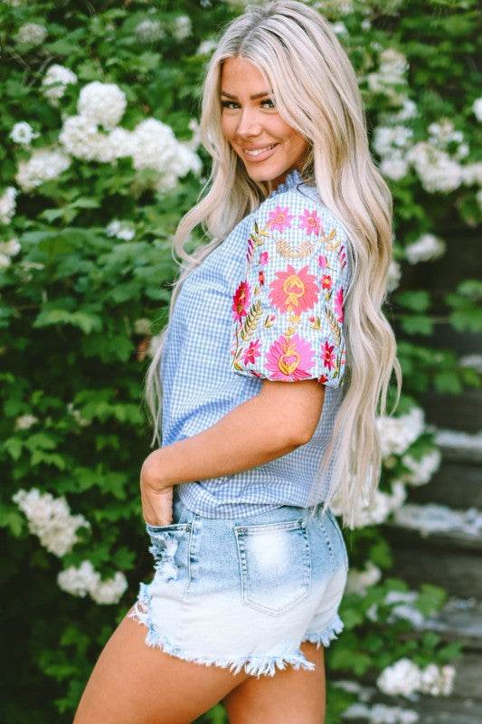 Pearl Gingham Floral Embroidered Puff Sleeve Blous