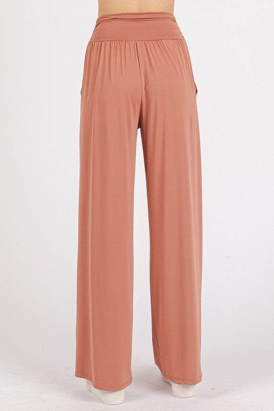 Mittoshop Stretch Banded Waist Wide Leg Pants with Pockets