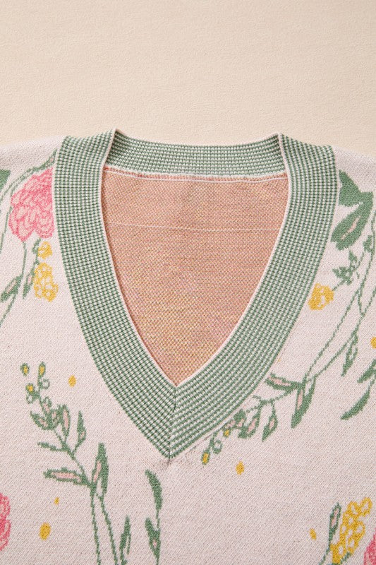 Floral Stripe Contrast V-Neck Sweater