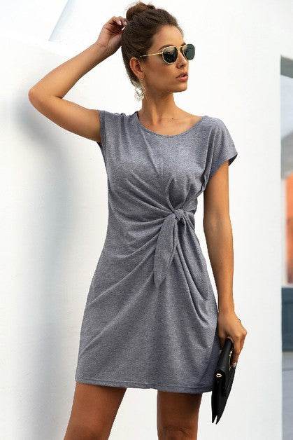 Solid Twist Knot Front Short Sleeve Tee Fit Dress
