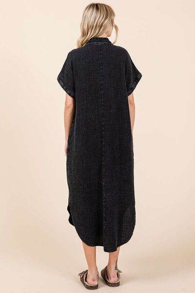 Mittoshop Mineral Wash V Neck Button Up Midi Shirt Dress