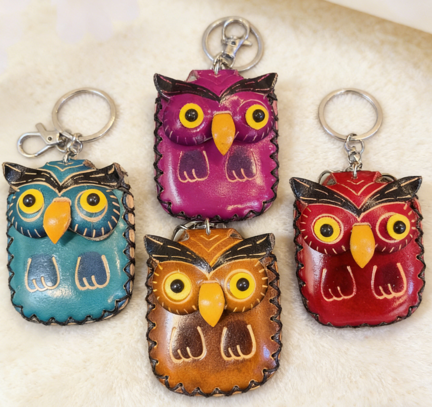 Handmade Owl Leather Access Card Holder Keychain