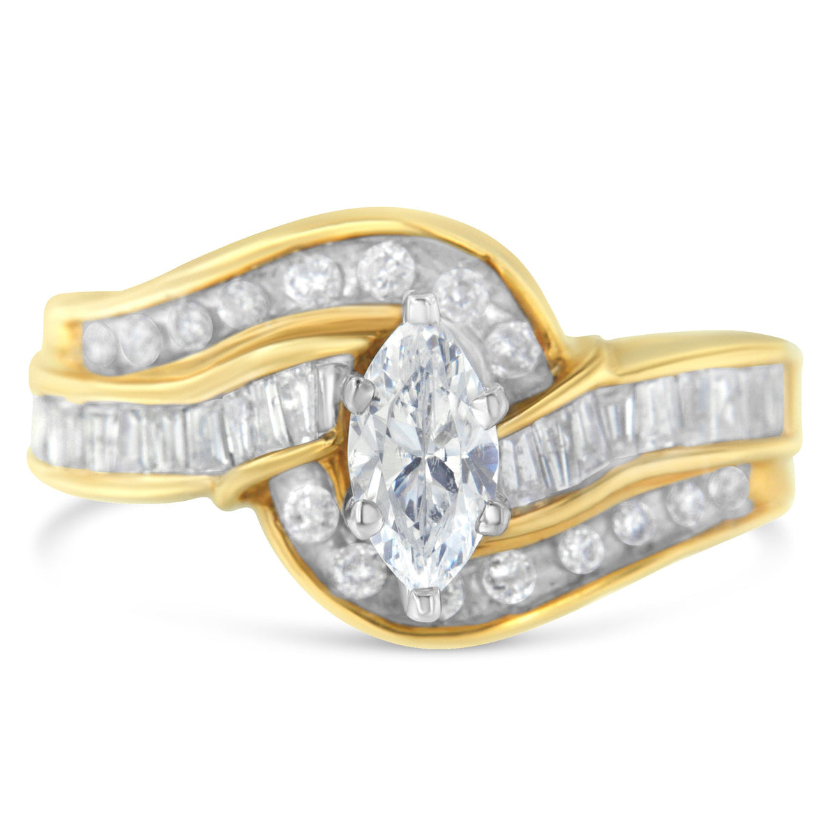 14KT Two-Toned Gold Marquise, Baguette and Round Cut Diamond Bypass Ring (1 cttw, H-I Color, SI1-SI2 Clarity) (Size 7)