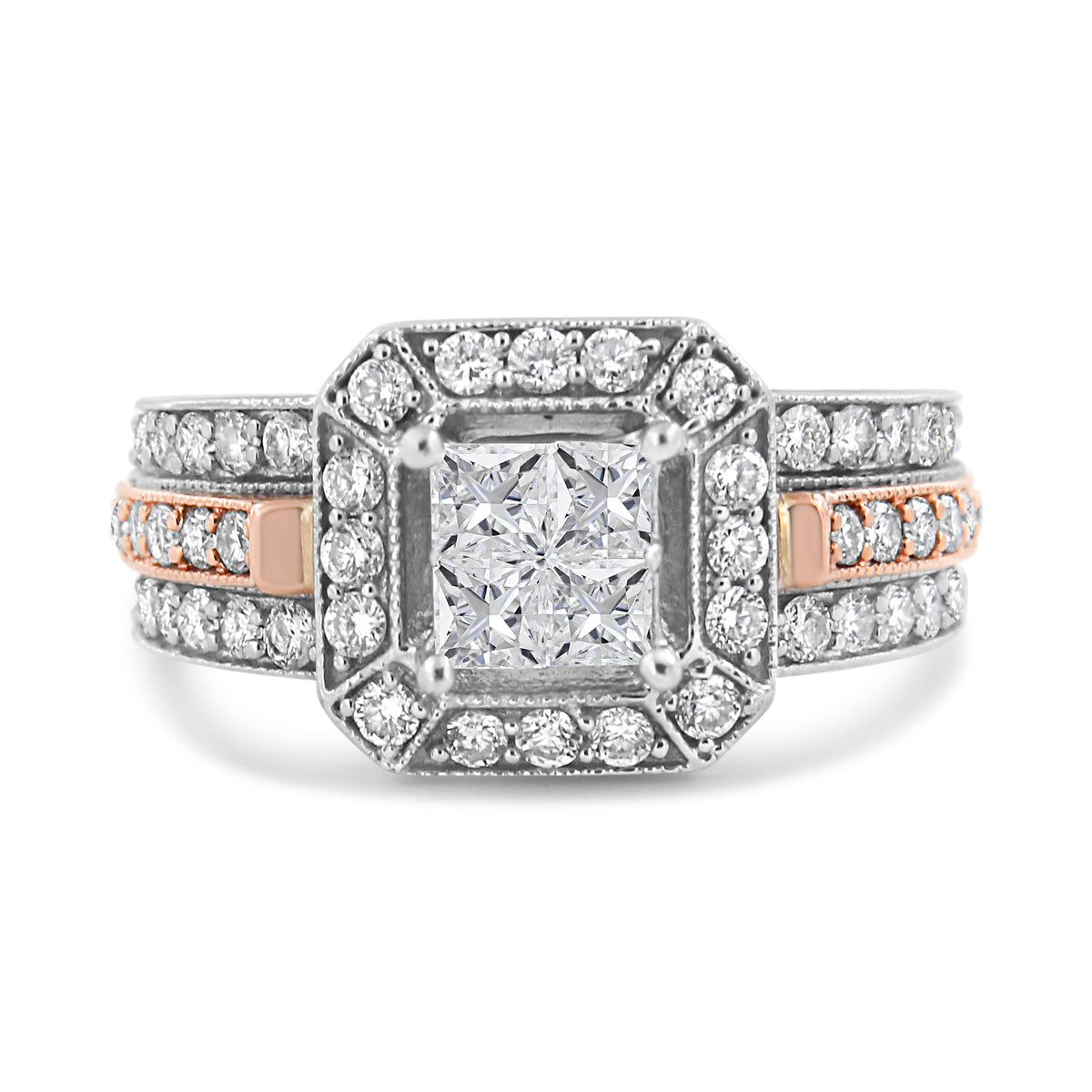 14K White and Rose Gold 1 1/8 Cttw Princess and Round-Cut Diamond Art Deco Style Triple Shank Halo Cocktail Ring (I-J Color, SI2-I1 Clarity) - Size 7