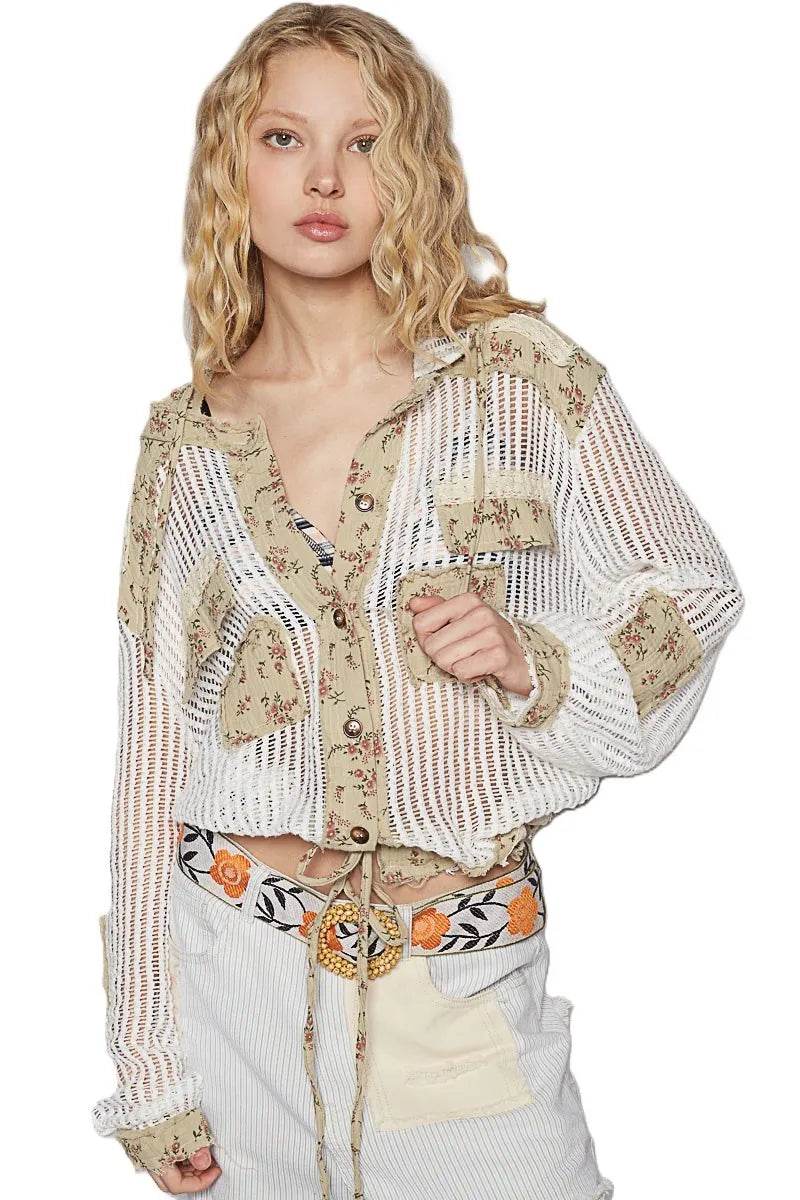 POL Vintage Washed Crochet Hoodie Jacket With Patchwork