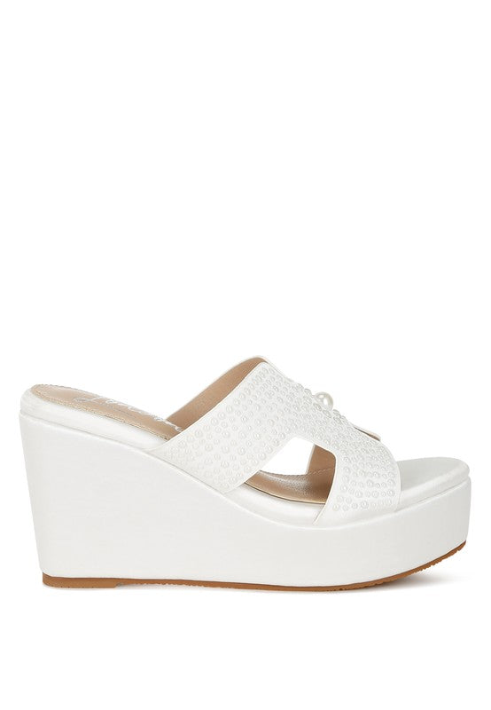 Renier Satin Pearl Detail Wedge Sandals