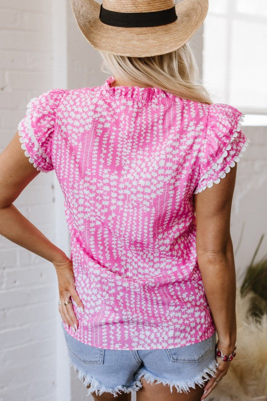 Cynthia Ric Rac Trim Flutter Sleeve Notch V Neck B
