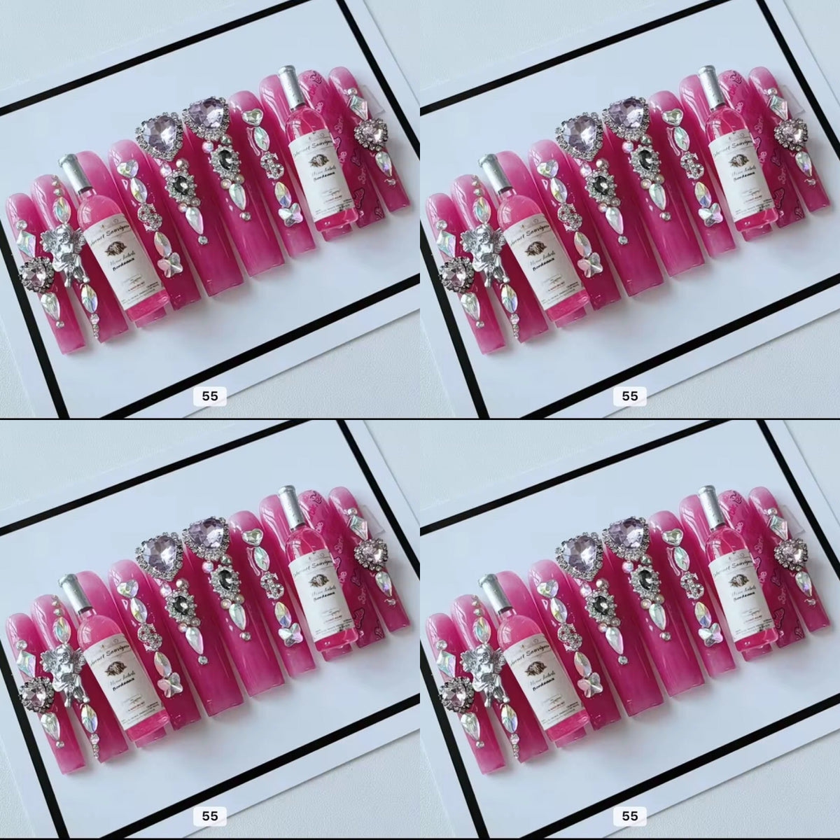 Pink acrylic press on nails with champagne