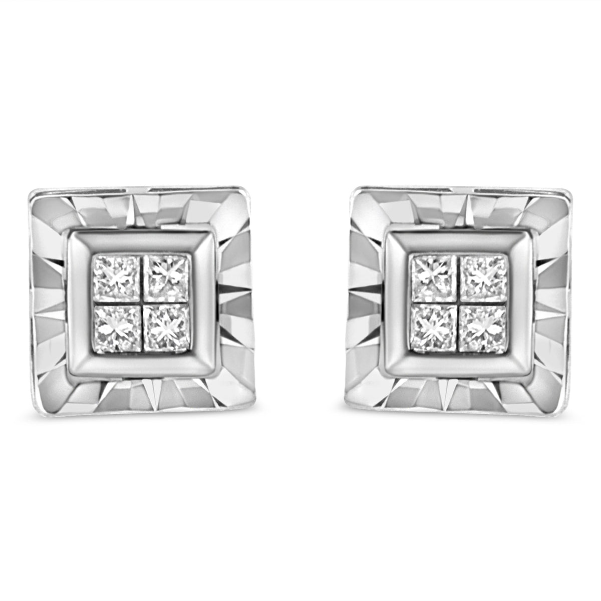 .925 Sterling Silver 1/6 Cttw Invisible Set Princess-Cut Diamond Quad Composite Stud Earrings (H-I Color, I1-I2 Clarity)