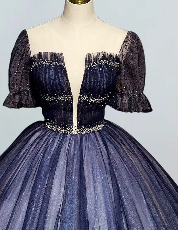 Women's Navy Blue Beaded V-Neck Evening Gown | Prom & Bridesmaid Dress
