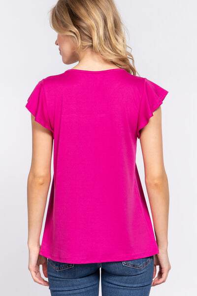 ACTIVE BASIC Ruffle Lace Knit Top with Short Sleeves and Lace Detail