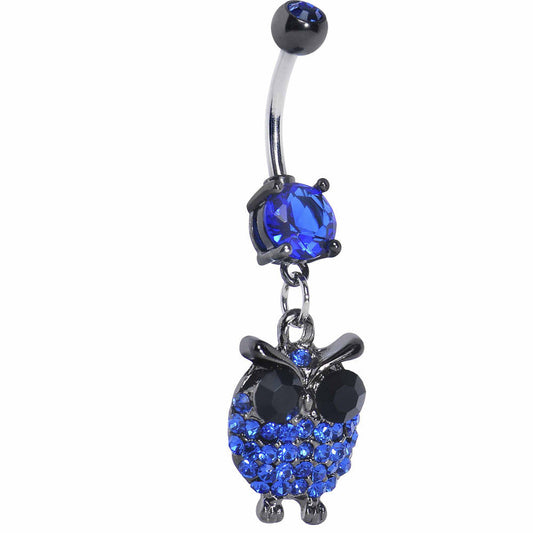 Blue Gem Paved Owl Dangle Belly Ring
