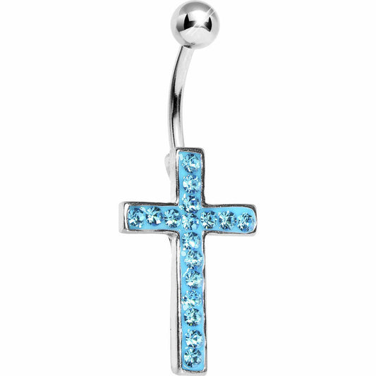 Aqua Gem Paved Perfect Cross Belly Ring