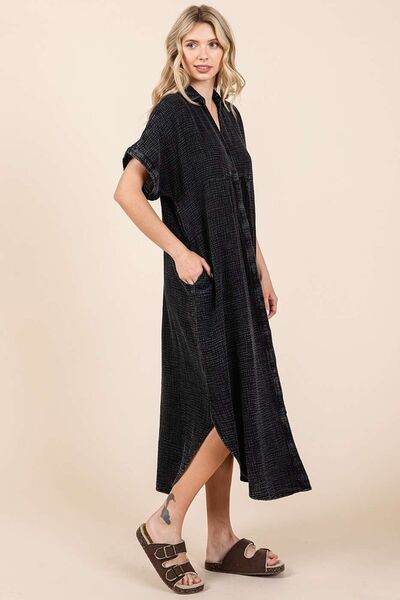 Mittoshop Mineral Wash V Neck Button Up Midi Shirt Dress