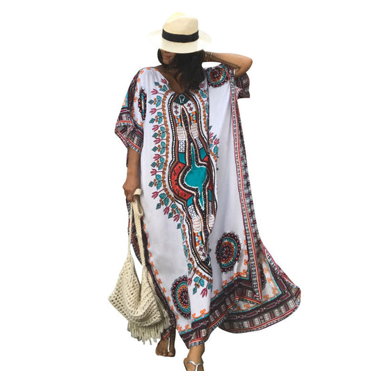 Rayon Positioning Floral Loose Long Beach Cover-up Robe Dress Vacation Clothes