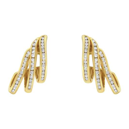 10K Yellow Gold 1.0 Cttw Round Brilliant Cut Diamond Spiral Multi Row Channel Set Open Hoop Pushback Stud Earrings (H-I Color, I1-I2 Clarity)
