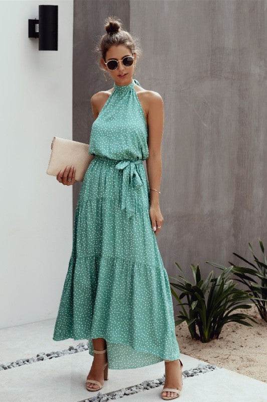 Tie Back Polka Dot Ruffle Hem Halter Dress