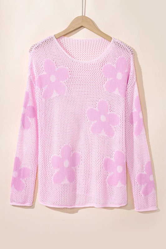 Dulce Big Flower Hollowed Knit Drop Shoulder Sweat