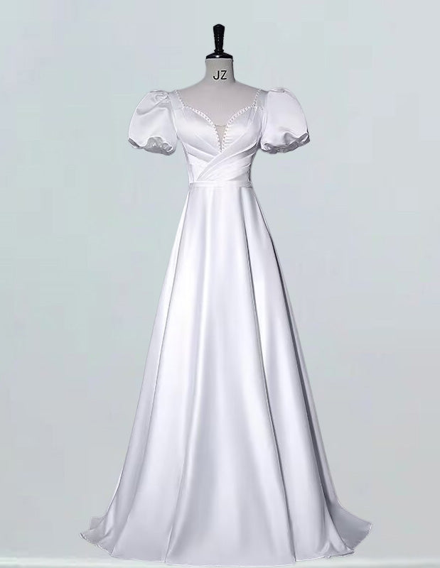 White cap sleeve pleated long prom dress