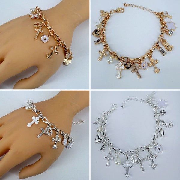 Chain Bracelet Cross, Hearts, Charms