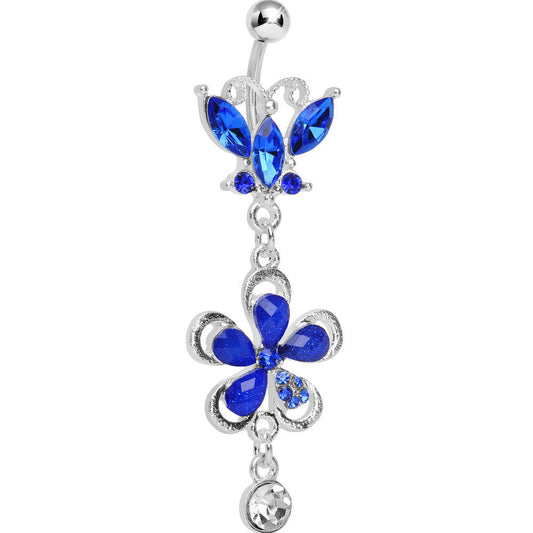 Dark Blue Gem Butterfly Flower Drop Belly Ring