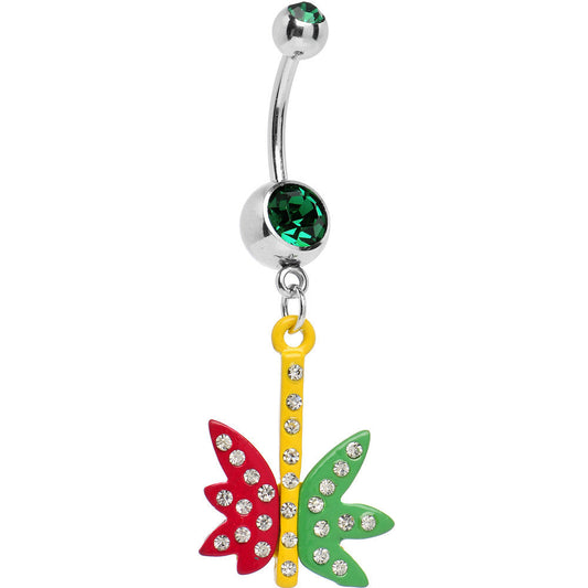 Green Clear Gem Rasta Pot Leaf Guitar Belly Ring