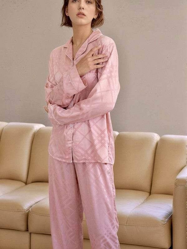 Pink Squared Button Front Long Sleeves Pajama Set