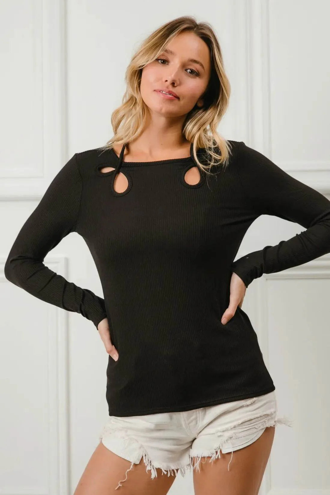 BiBi Rib Knit With Cut Out and Tied Neck Detailed Top