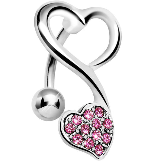 Top Mount Pink Gem Swirling Dual Hearts Belly Ring