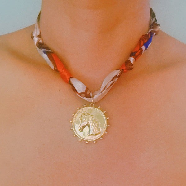 Luxe Print Medallion Pendant Scarf Necklace