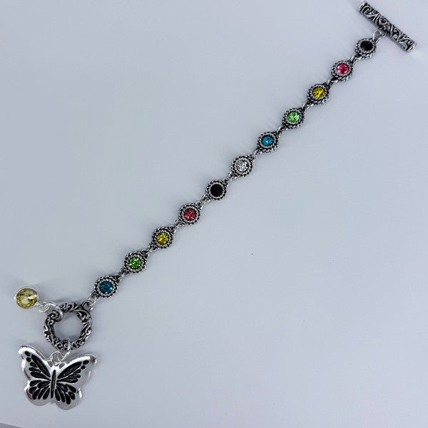 Multicolor Stones Buttefrly Charm Toggle Bracelet
