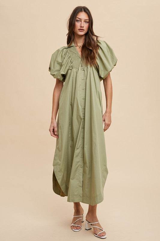 Annie Wear Smocked Puff Sleeve Midi Dress - Stylish and Comfortable