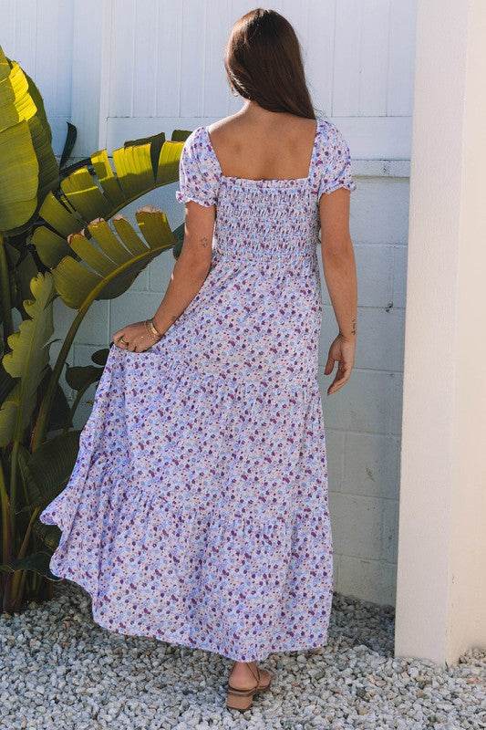 Bubble Sleeve Shirred High Waist Maxi Dress