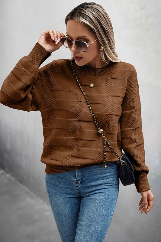Solid Round Neck Knit Loose Long Sleeves Sweater