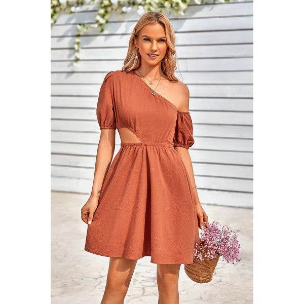 One Shoulder Puff Sleeve Fit Flare Short Dress