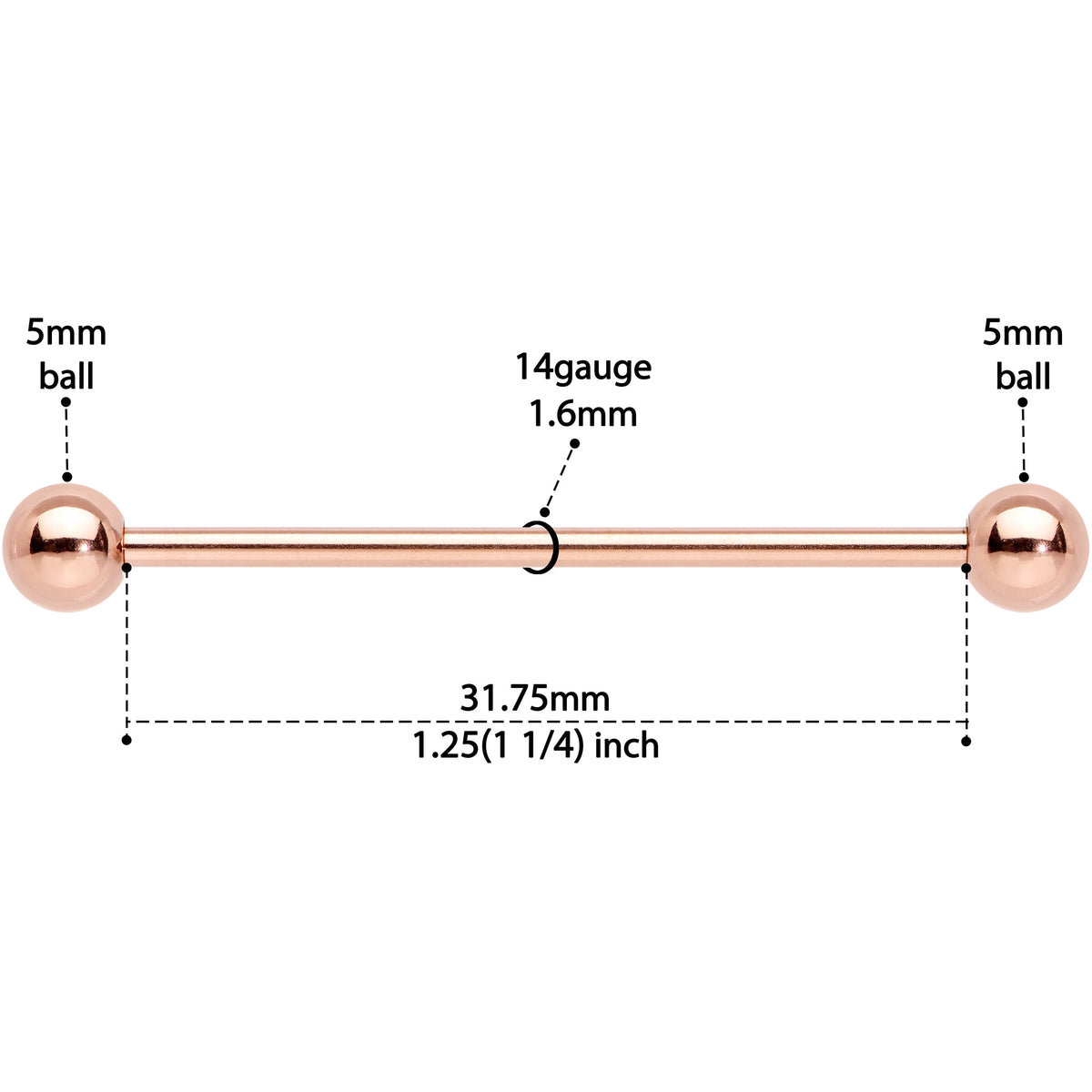 14G 1 1/4 Rose Gold Plated Straight Barbell